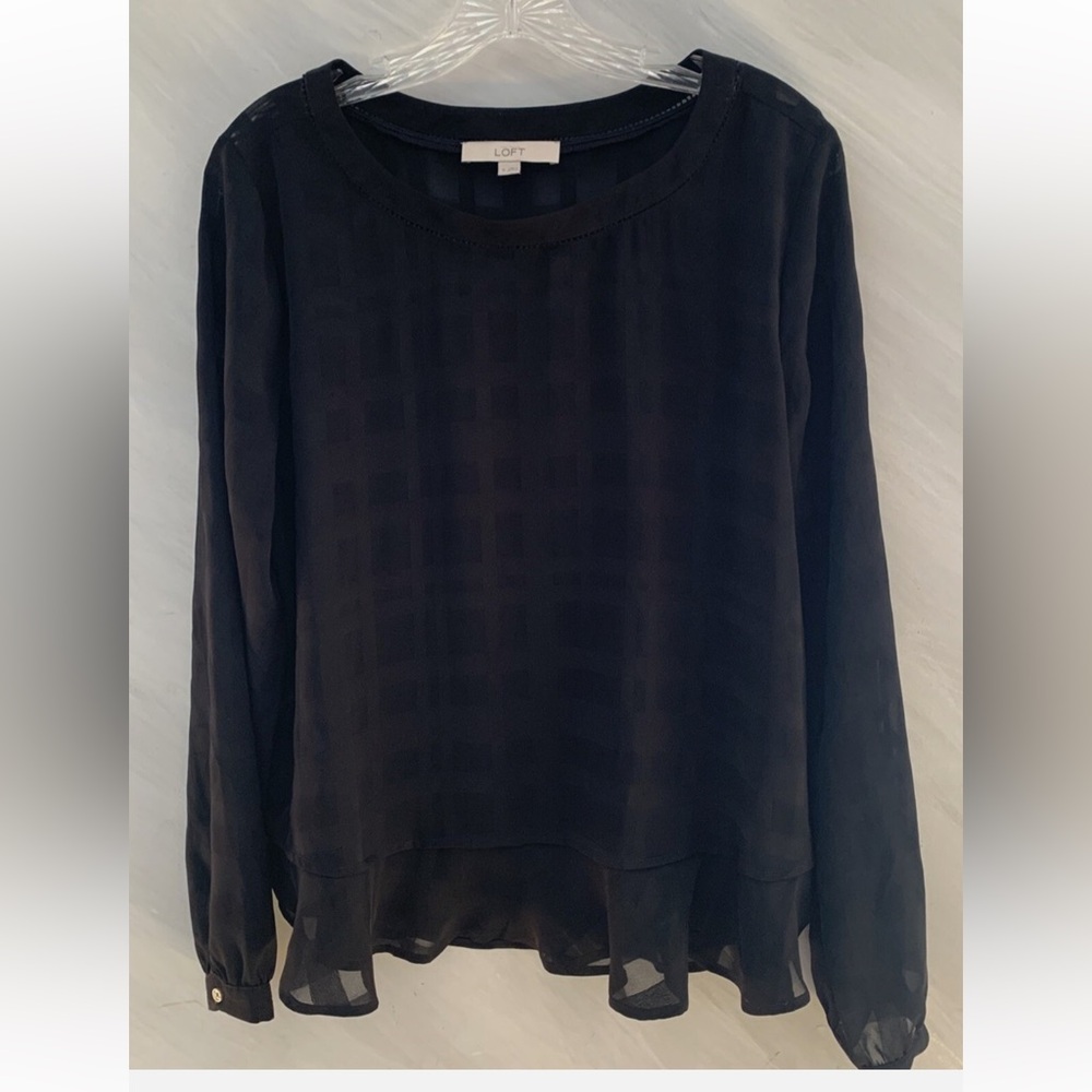 LOFT Small Petite Black Sheer Ruffle Blouse w/Cute Ruffle Hem and Button Sleeves